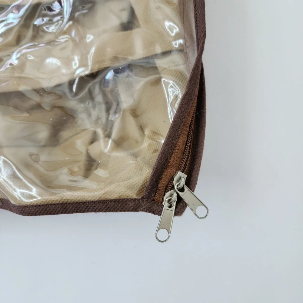 Underbed Shoe Organizer Storage Bag 12 Compartment Clear‎ Zipper Top Tan Brown